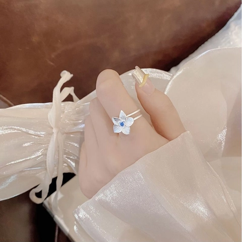 S925 Sterling Silver Hibiscus Flower Open Ring For Women Sweet Blue Rhinestone Petal Design Adjustable Floral Finger Jewelry