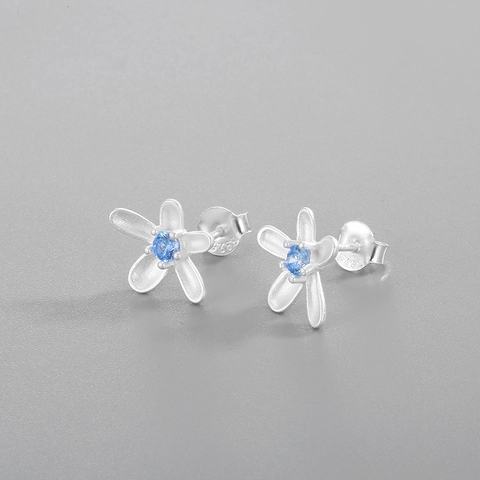 Pendientes de Botón de Flor de Plata de Ley S925 Mate Cinco Pétalos Strass Azul Poste de Plata 925 Joyería para Mujer
