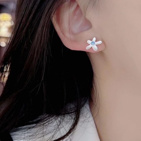 Pendientes de Botón de Flor de Plata de Ley S925 Mate Cinco Pétalos Strass Azul Poste de Plata 925 Joyería para Mujer