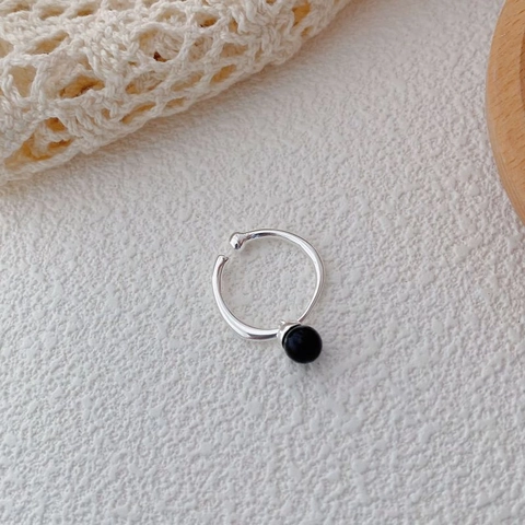 Vintage S925 Sterling Zilver Onregelmatige Open Ring Voor Vrouwen Minimalistische Zwarte Agaat Kraal Verstelbare Ring Sieraden