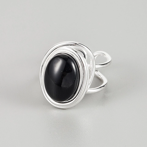 Anillo de Plata de Ley 925 con Línea de Doble Capa para Mujer Minimalista Ajustable con Ágata Negra y Calcedonia Blanca Joyería de Moda