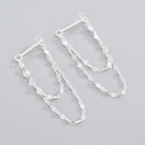 Pendientes de Botón con Borla de Cadena de Doble Capa de Plata de Ley 925 Pendientes de Gota Largos Minimalistas para Mujer Joyería