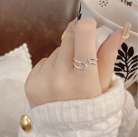 S925 Sterlingsilber Geometrisch Doppelschicht Offener Ring Damen Minimalistisch Verstellbar H-Link Schmuck Geschenk Silber Gold