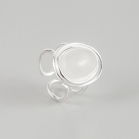 Anillo de Plata de Ley 925 con Línea de Doble Capa para Mujer Minimalista Ajustable con Ágata Negra y Calcedonia Blanca Joyería de Moda