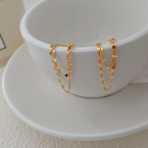 Pendientes de Botón con Borla de Cadena de Doble Capa de Plata de Ley 925 Pendientes de Gota Largos Minimalistas para Mujer Joyería