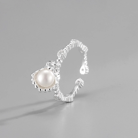 Anillo Abierto de Plata de Ley S925 Colgante de Concha con Perla Natural Para Mujer Joyería Ajustable con Diamantes de Imitación