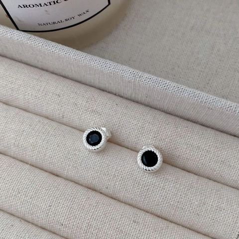 Orecchini a Bottone Tondi in Argento Sterling 925 Con Zircone Nero Minimalisti Vintage per Donna Gioielleria