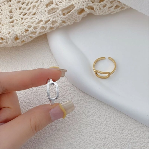 925 Sterling Silver Minimalist Hollow Oval Open Ring For Women Adjustable Stripe Geometric Gold Silver Finger Jewelry