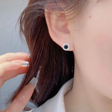Orecchini a Bottone Tondi in Argento Sterling 925 Con Zircone Nero Minimalisti Vintage per Donna Gioielleria