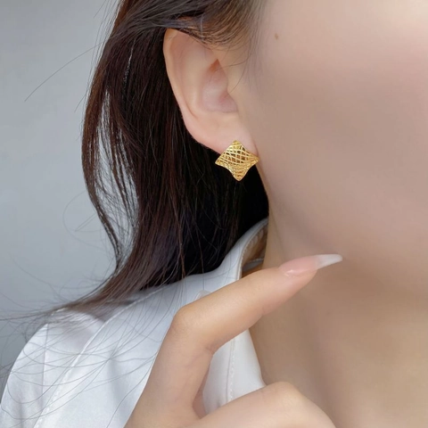 Orecchini a Bottone Quadrati Geometrici in Argento Sterling 925 per Donna Minimalisti Con Motivo a Traliccio Trapuntato Oro 18K