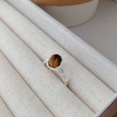 Anello in Argento Sterling 925 con Pietra Occhio di Tigre da Donna Retrò Irregolare Texture Martellata Anello Aperto Regolabile Gioielli