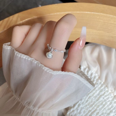 Anillo Abierto de Plata de Ley S925 Colgante de Concha con Perla Natural Para Mujer Joyería Ajustable con Diamantes de Imitación