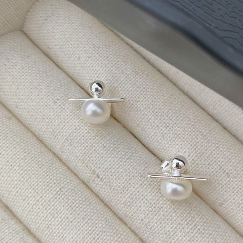 Orecchini a Bottone in Argento Sterling 925 con Perle d'Acqua Dolce Geometrici Minimalisti Gioielli Eleganti Oro Argento