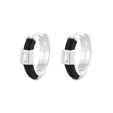 Pendientes de Aro Huggie de Plata de Ley 925 Minimalistas para Mujer Esmalte Blanco Negro Diamante Imitación Joyería