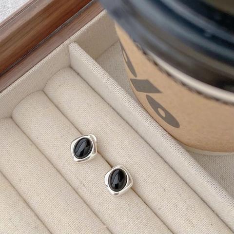 Natuurlijke Zwarte Onyx Ruitvormige Oorknopjes 925 Sterling Zilver Minimalistische Geometrische Oorbellen Voor Vrouwen