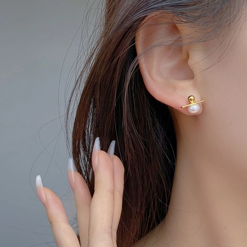 Orecchini a Bottone in Argento Sterling 925 con Perle d'Acqua Dolce Geometrici Minimalisti Gioielli Eleganti Oro Argento