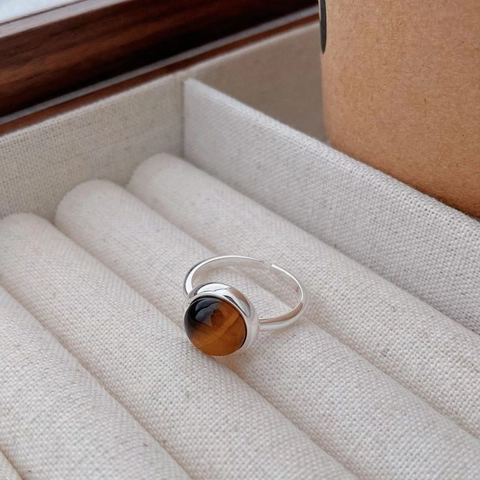 S925 Sterlingsilber Rund Tigerauge Ring Für Damen Minimalistisch Verstellbar Geometrisch Öffnung Fingerring Vintage Schmuck