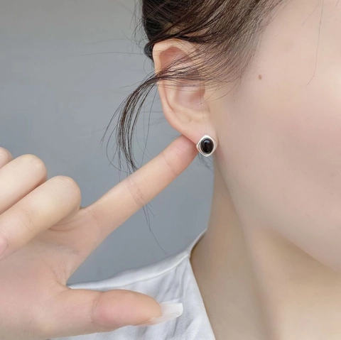 Natuurlijke Zwarte Onyx Ruitvormige Oorknopjes 925 Sterling Zilver Minimalistische Geometrische Oorbellen Voor Vrouwen