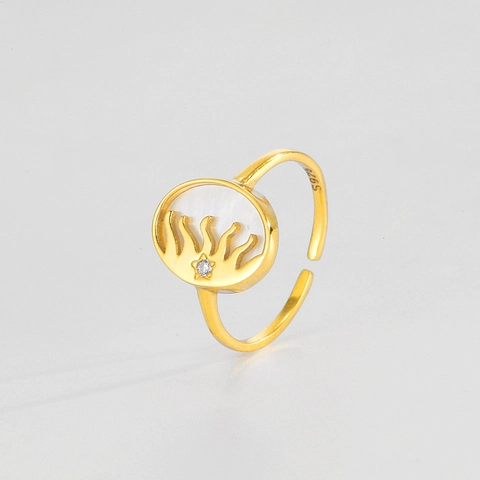 925 Sterling Silver Sun Ring For Women Mother Of Pearl Shell Star Inlaid Rhinestone Open Adjustable Vintage Fashion Jewelry