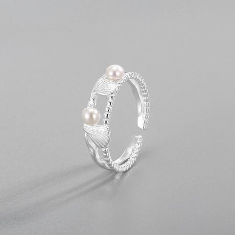 S925 Sterlingsilber Natürliche Süßwasserperle Offener Ring Plissierte Muschel Verstellbarer Fingerring Für Damen Schmuck Geschenk