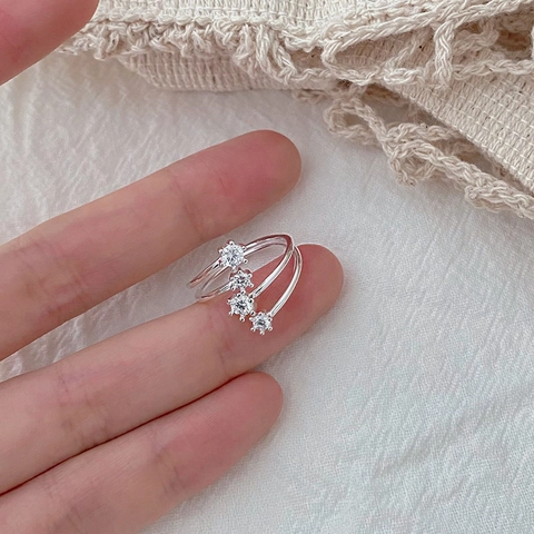 Anello Aperto a Doppio Strato in Argento Sterling 925 con Stella per Donna Minimalista Regolabile con Strass Intarsiato