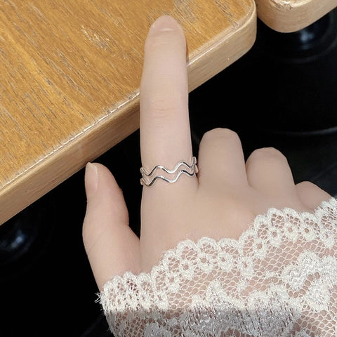 Minimalist 925 Sterling Silver Double Layer Wave Open Ring For Women Adjustable Geometric Curved Finger Ring Fashion Jewelry