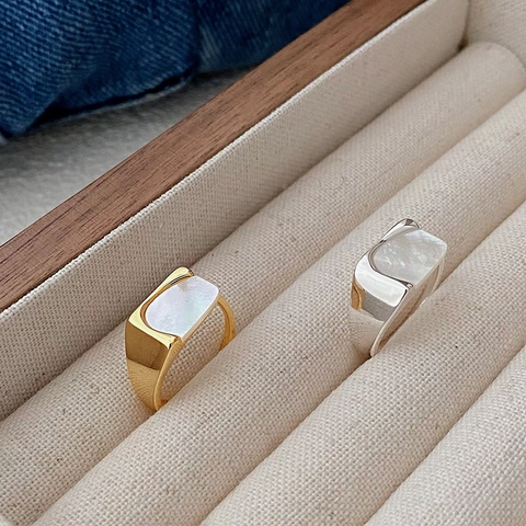 Punk S925 Sterlingsilber Geometrischer Perlmutt Ring High Sense Verstellbarer Gold Silber Plattierter Muschel Fingerring Schmuck Damen