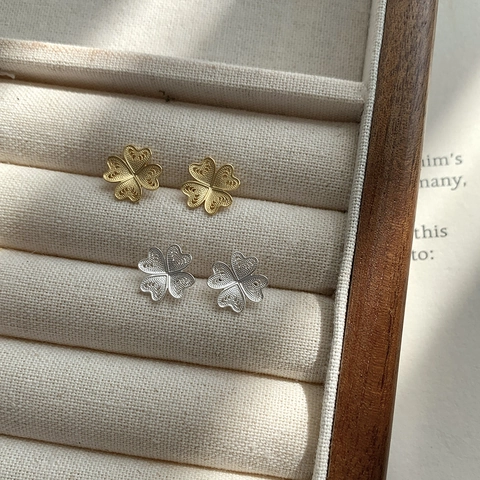 S925 Sterling Silver Four Leaf Clover Filigree Stud Earrings Vintage Heart Flower Petal Minimalist Jewelry For Women Gift