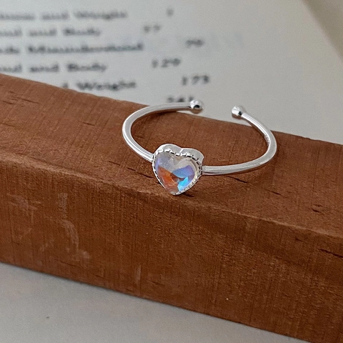 Aurora Mondstein Herz Offener Ring 925 Sterlingsilber Verstellbarer Minimalistischer Schmuck Damen Eleganter Fingerring