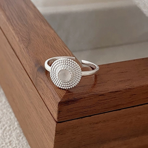 Adjustable Open Ring 925 Sterling Silver Agate Round Disc Radial Texture Vintage Minimalist Niche Design Jewelry For Women
