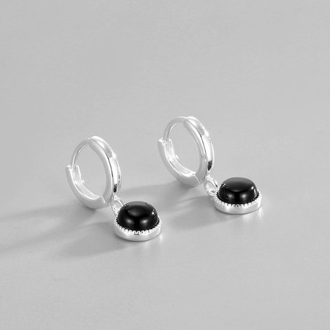 French Vintage S925 Sterling Silver Black Agate Hoop Earrings Round Minimalist Geometric Drop Earrings For Women Fashion Jewelry