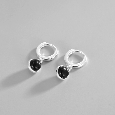 French Vintage S925 Sterling Silver Black Agate Hoop Earrings Round Minimalist Geometric Drop Earrings For Women Fashion Jewelry