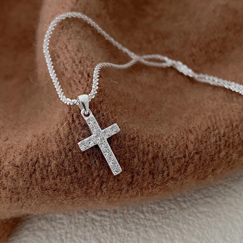 Collana con Pendente a Croce in Argento Sterling S925 per Donna Intarsiata con Strass Brillanti Catena a Clavicola Gioielli di Moda
