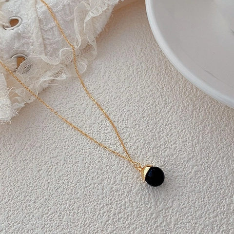 Collana con Ciondolo a Sfera Rotonda in Agata Nera in Argento Sterling 925 per Donna Minimalista Catena a Clavicola Placcata Oro 18K Gioielli