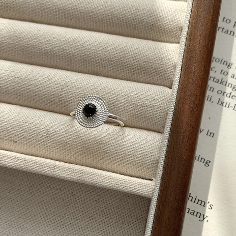 Adjustable Open Ring 925 Sterling Silver Agate Round Disc Radial Texture Vintage Minimalist Niche Design Jewelry For Women