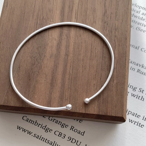 Brazalete de Plata de Ley S925 Con Cuentas Redondas para Mujer Minimalista Abierto Ajustable Pulsera Joyería de Moda Regalo