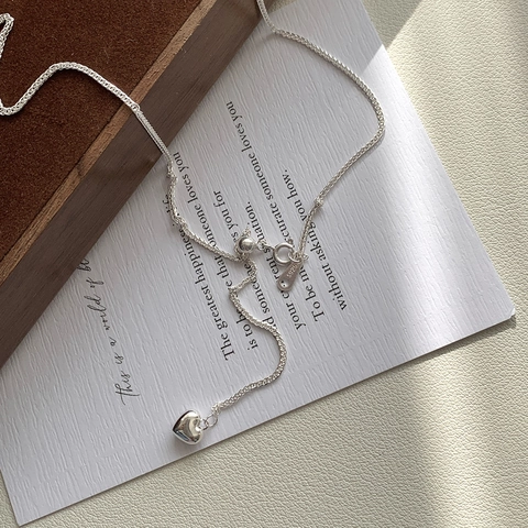 Collar de Borla de Corazón de Plata de Ley 925 para Mujer Minimalista Ajustable en Forma de Y Colgante Joyería