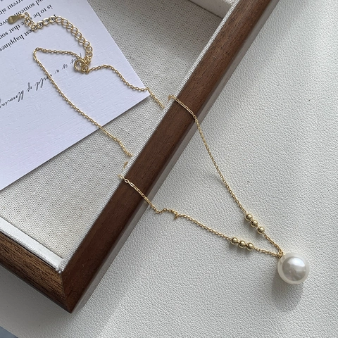 Collana con Ciondolo in Perla Artificiale in Argento Sterling 925 Vintage Francese per Donna Elegante Catena a Clavicola Placcata Oro Argento Gioielli