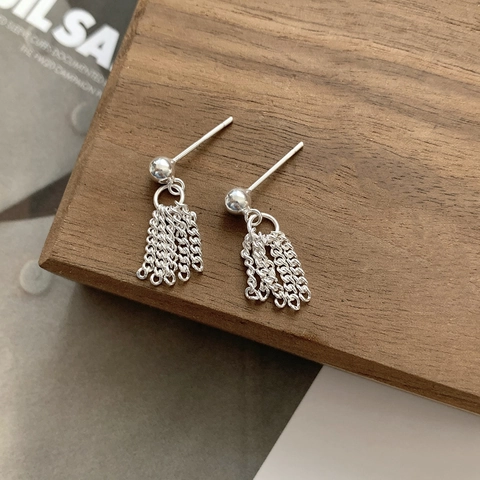 925 Sterling Silver Wheat Chain Tassel Stud Earrings Women Minimalist Round Bead Ball Drop Dangle Daily Commute Jewelry