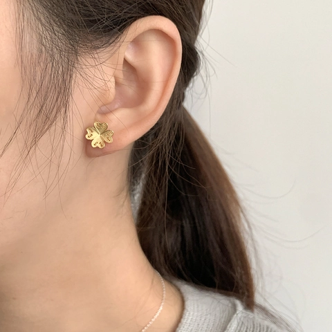 S925 Sterling Silver Four Leaf Clover Filigree Stud Earrings Vintage Heart Flower Petal Minimalist Jewelry For Women Gift