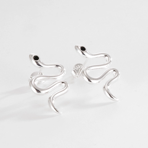 925 Sterling Silver Snake Stud Earrings With Black Rhinestone Eyes Snake Shaped Piercing Jewelry For Women Fashion Gift