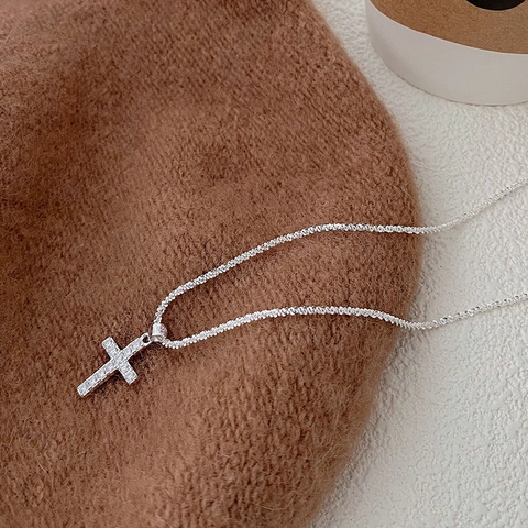 Collana con Pendente a Croce in Argento Sterling S925 per Donna Intarsiata con Strass Brillanti Catena a Clavicola Gioielli di Moda