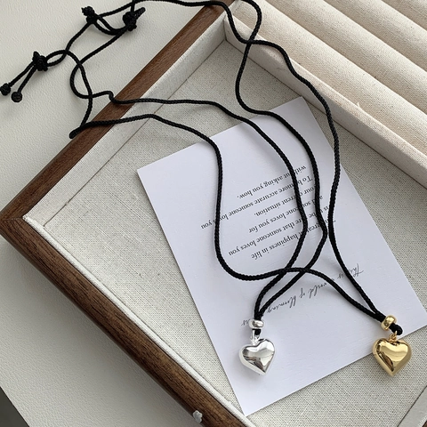 S925 Sterling Silver Heart Pendant Necklace Adjustable Black Braided Rope Minimalist INS Style Necklace Jewelry For Women