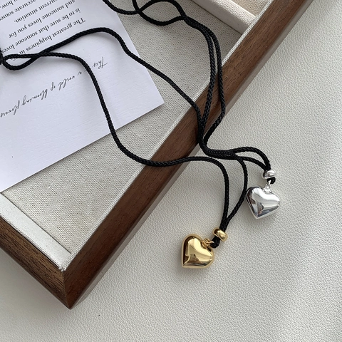 S925 Sterling Silver Heart Pendant Necklace Adjustable Black Braided Rope Minimalist INS Style Necklace Jewelry For Women