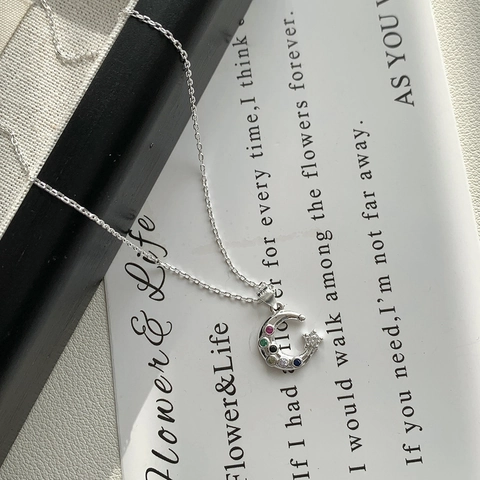 925 Sterlingsilber Mond Stern Anhänger Halskette Bunte Strass Eingelegt Schlüsselbeinkette Schmuck Für Damen Elegantes Geschenk