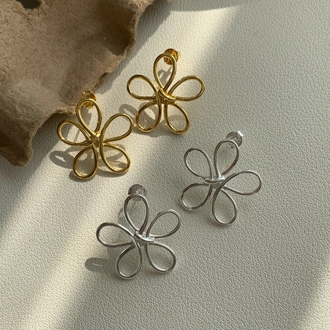 925 Sterling Silver Hollow Flower Stud Earrings For Women Ins Style Geometric Petal Ear Jewelry Elegant Knot Design Gift
