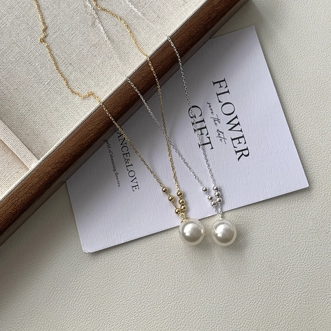 Collana con Ciondolo in Perla Artificiale in Argento Sterling 925 Vintage Francese per Donna Elegante Catena a Clavicola Placcata Oro Argento Gioielli