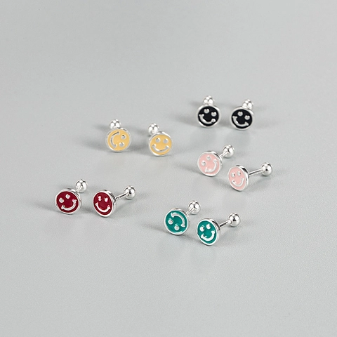 Pendientes de Botón de Cara Sonriente de Plata de Ley S925 Minimalismo Pendientes de Expresión de Esmalte Colorido para Mujer Joyería