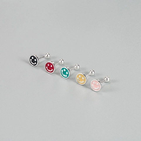 Pendientes de Botón de Cara Sonriente de Plata de Ley S925 Minimalismo Pendientes de Expresión de Esmalte Colorido para Mujer Joyería