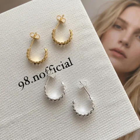 Orecchini a Bottone a Forma di C in Argento Sterling 925 con Borchie per Donna Gioielli Minimalisti Punk Geometrici Texturizzati